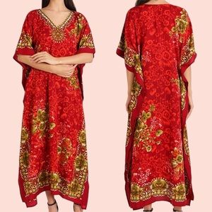 Lavish London Caftan Red Poppy Green Roses Maxi Dress Beach Cover Up Size 1X